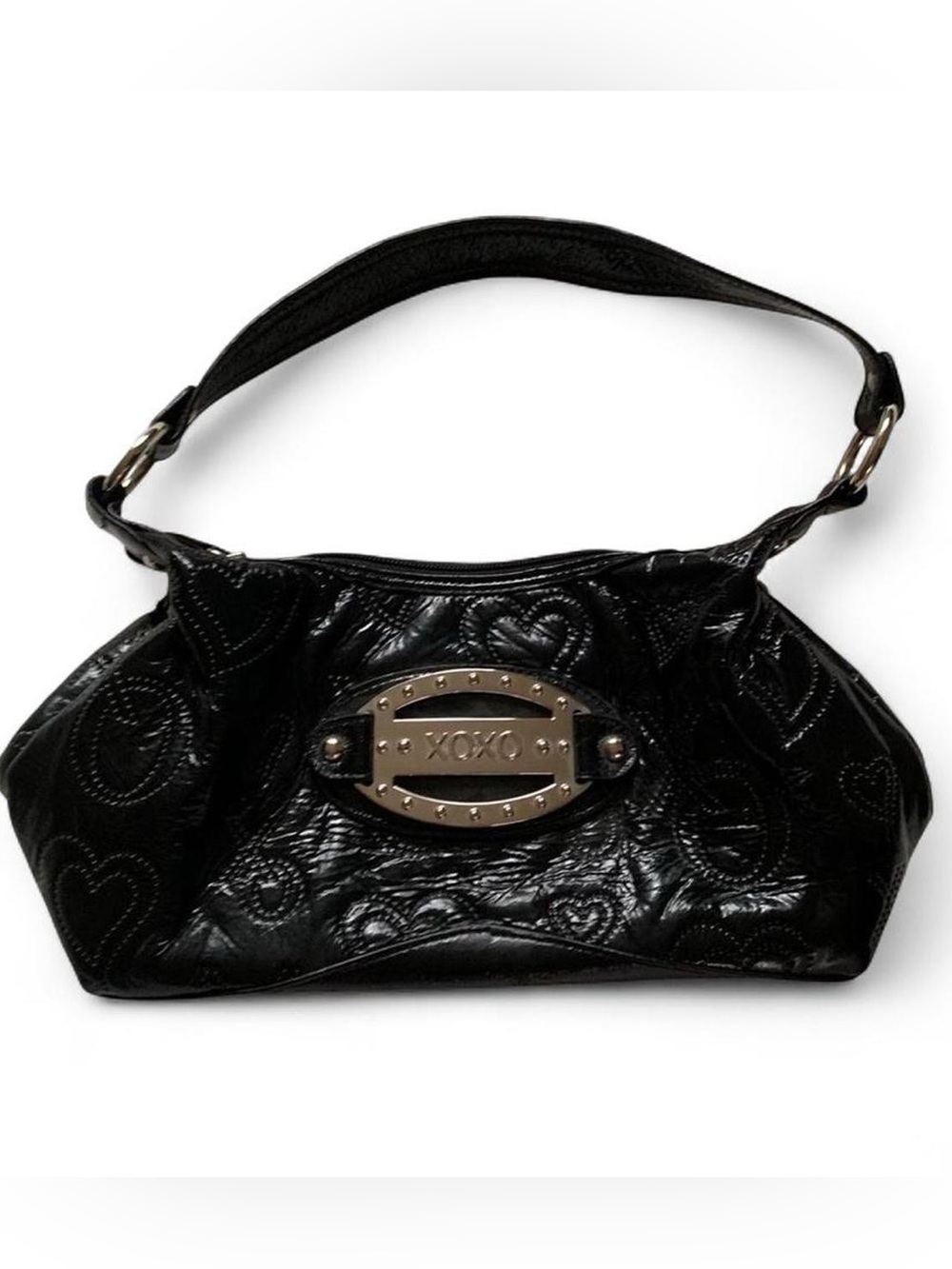 Y2K XOXO Black Shiny Faux Leather Embossed Mini Bag with Silver Hardware